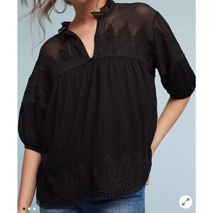 🖤 Anthropologie Maeve Giulia Black Lace Top Boho Peekaboo Sheer Ruffle Blouse S